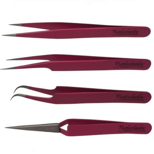 Pink Tweezer Set I, F, Curved & X Type for Eyelash Extensions Stainless Ste