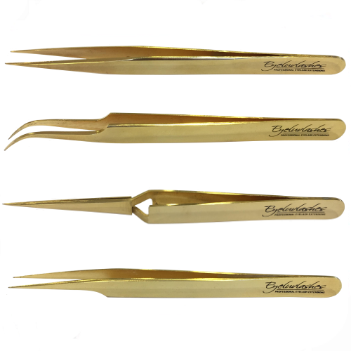 Gold Plated Tweezer Set I, F, Curved & X Type for Eyelash Extensions Stainl