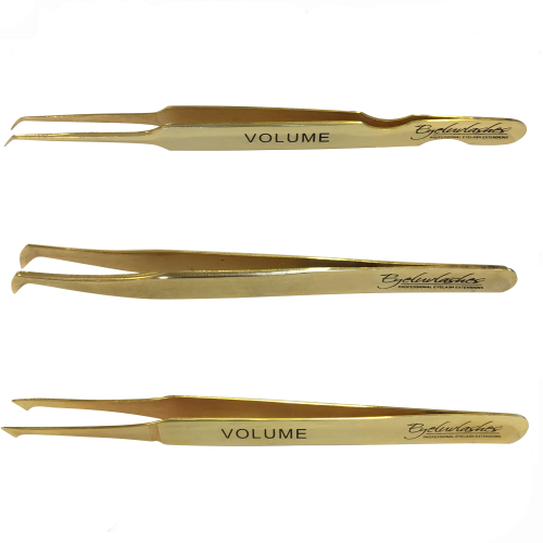 Gold Plated Tweezer Set Volume (Rounded L, Pro & XD) for Eyelash Extensions