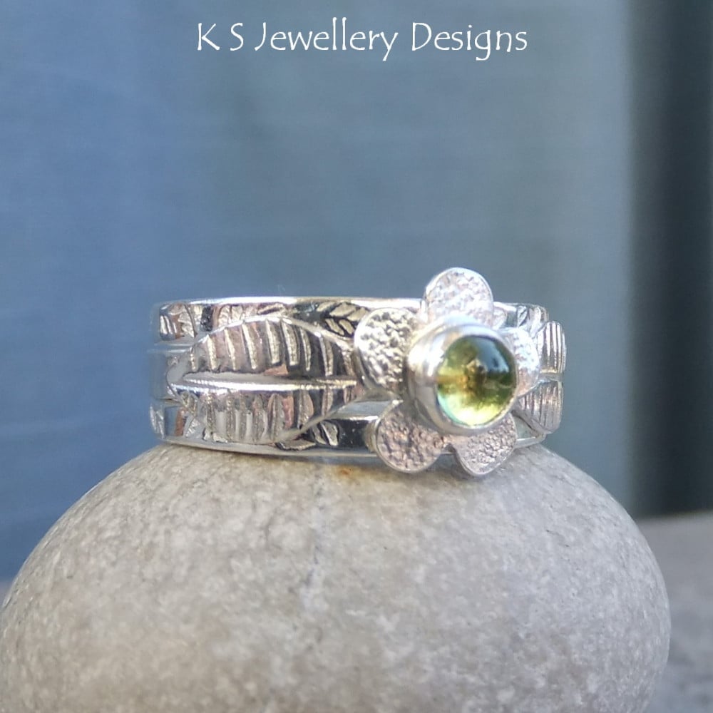 Peridot Flower and Leaves Sterling & Fine Silver Ring Trio