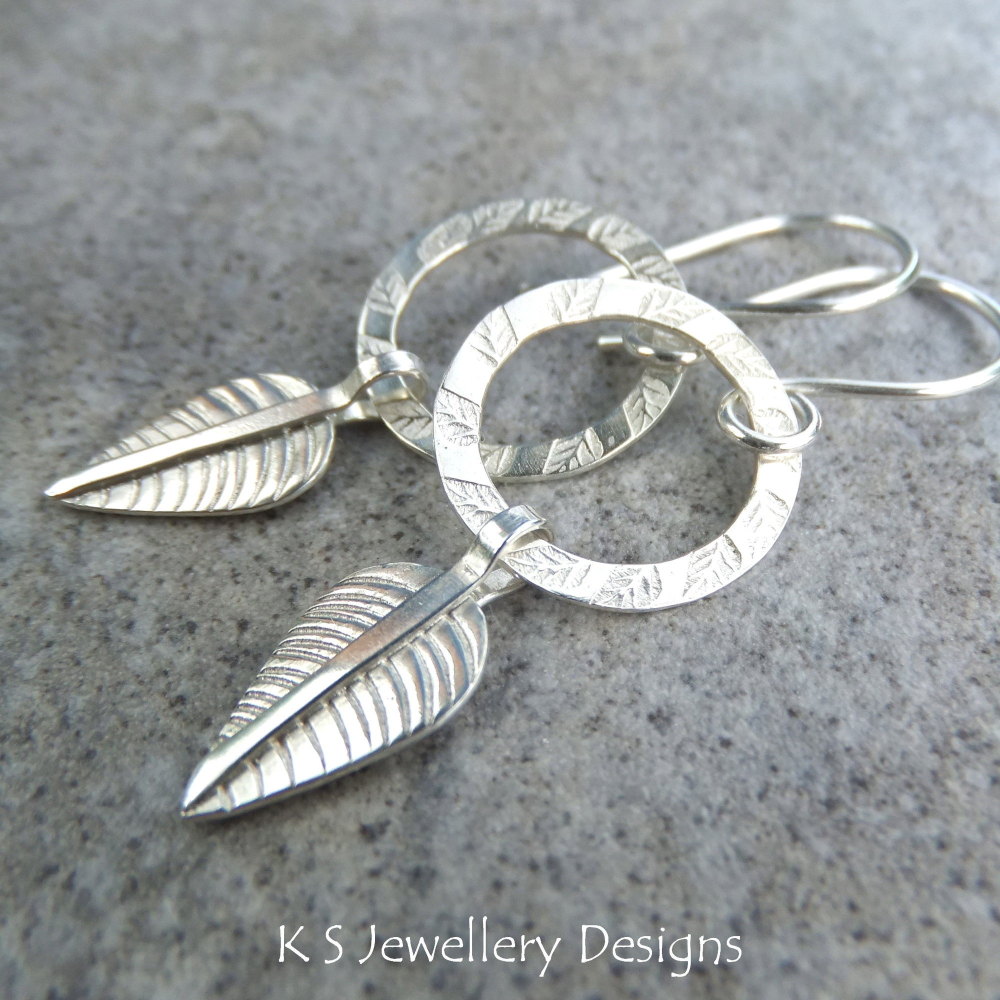 Leaf Charm Circle Sterling Silver Earrings
