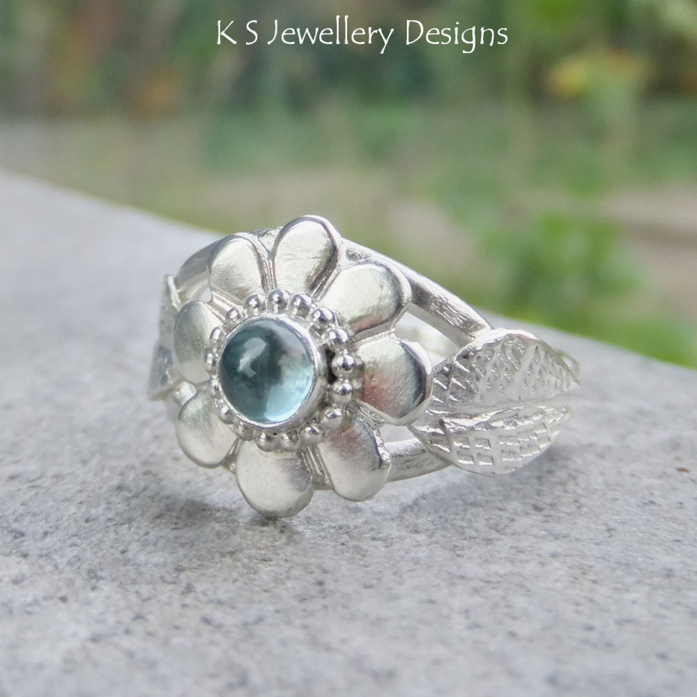 Blue Topaz Flower and Leaves Sterling & Fine Silver Ring