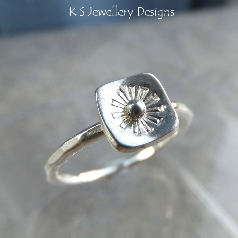 SALE was £25* Stamped Flower Square Sterling & Fine Silver Ring V2 (UK size M / US size 6.25 can be re-sized slightly larger)