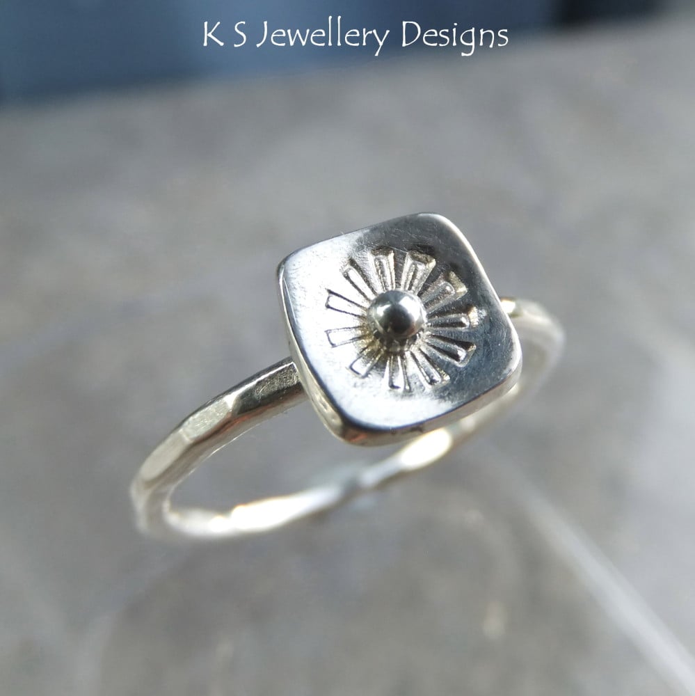 Stamped Flower Square Sterling & Fine Silver Ring (version #2)