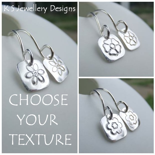 Stamped Flower Square Sterling Silver Earrings