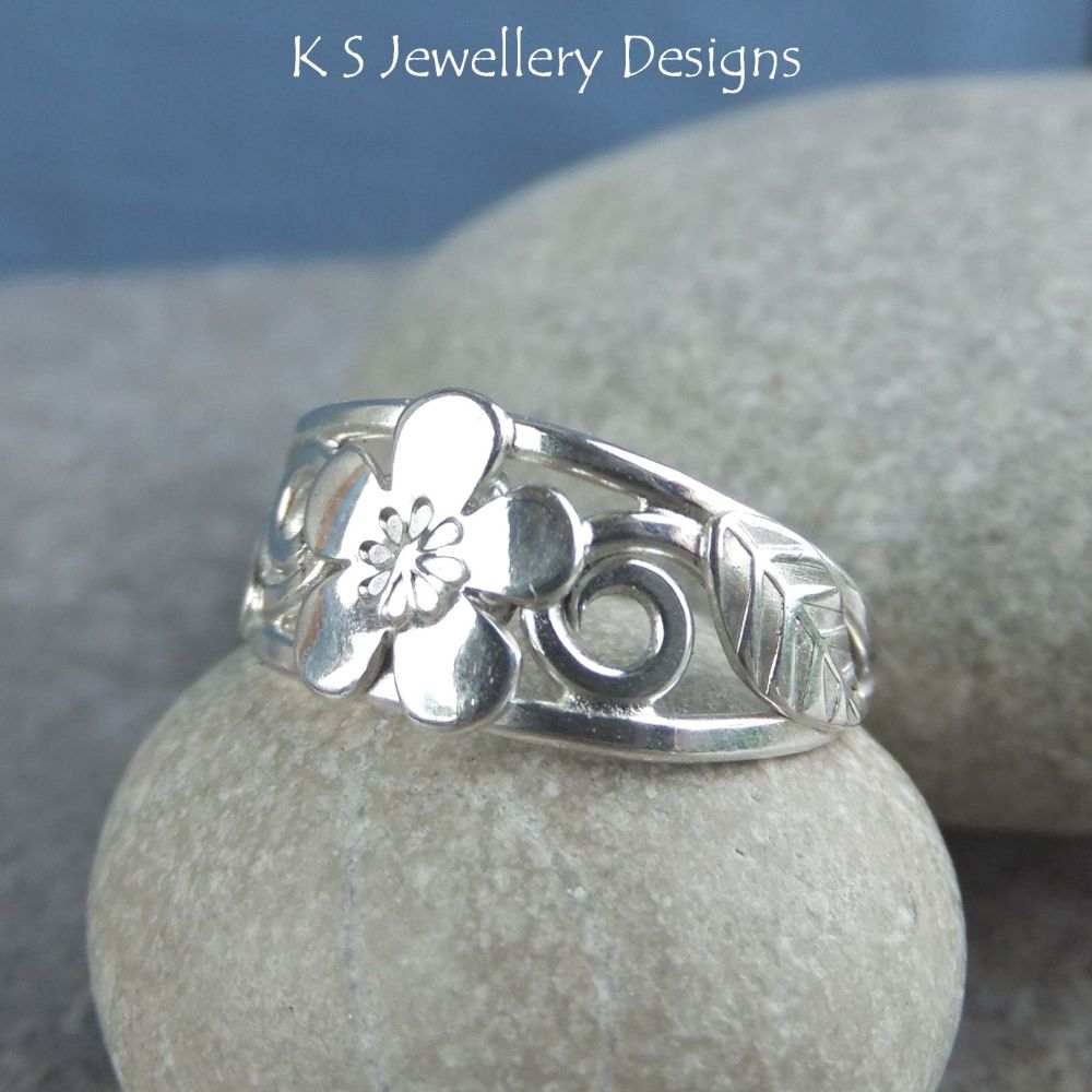 Cherry Blossom - Flower and Leaves Sterling Silver Ring