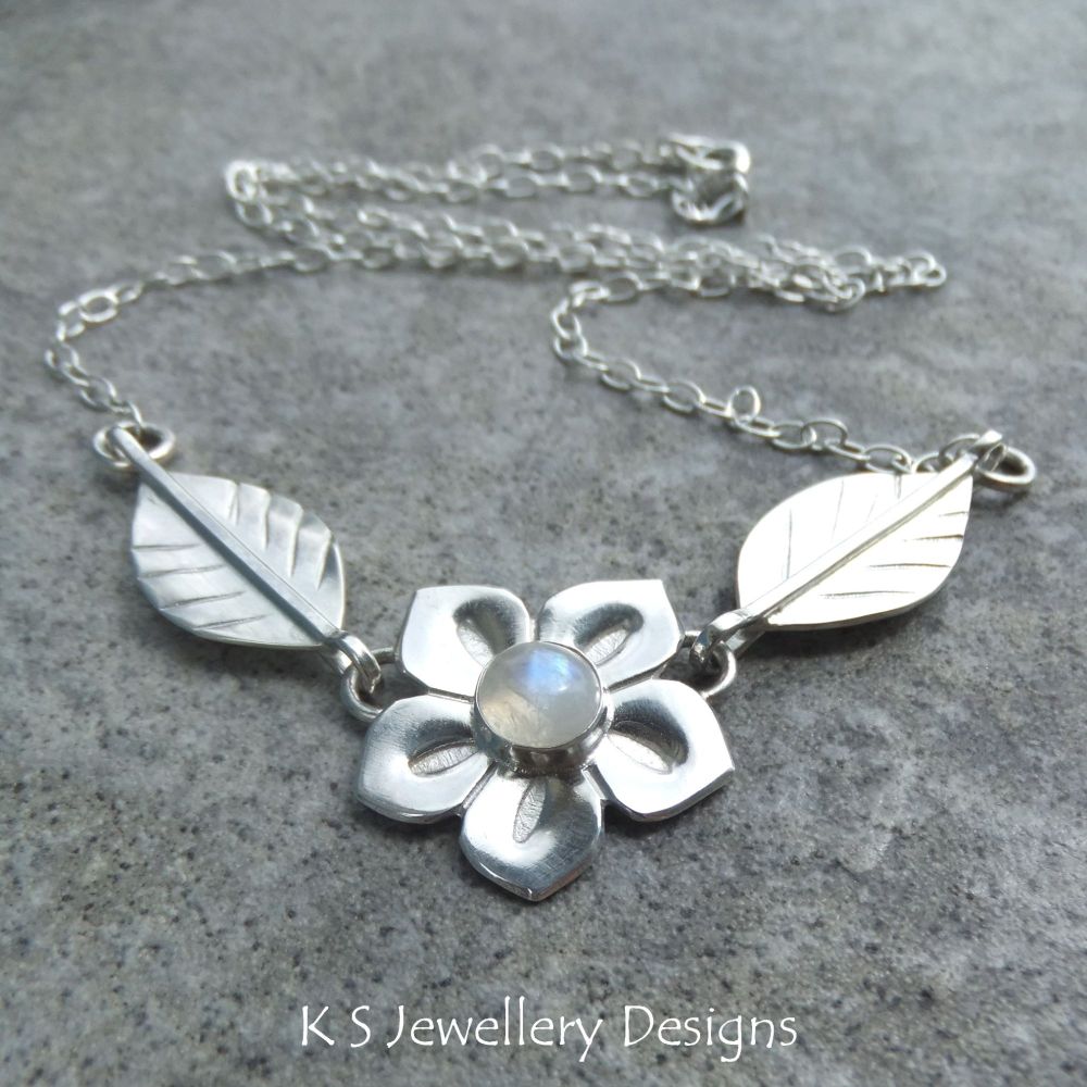 Rainbow Moonstone Flower and Leaves Sterling Silver Necklace