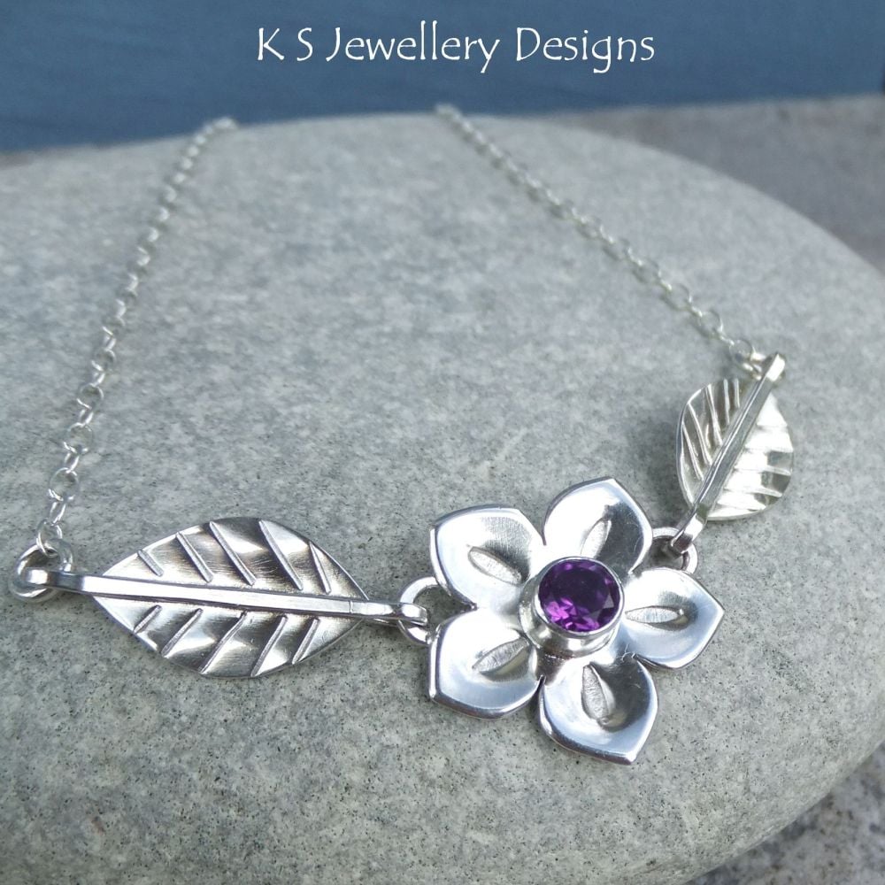 Amethyst Flower and Leaves Sterling Silver Necklace