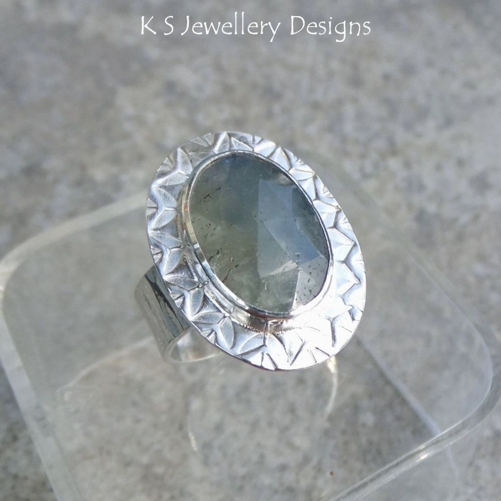 *SALE was £68* Blue Grey Natural Sapphire Stamped Bezel Sterling Silver Ring (adjustable to fit many ring sizes from UK size M to R)