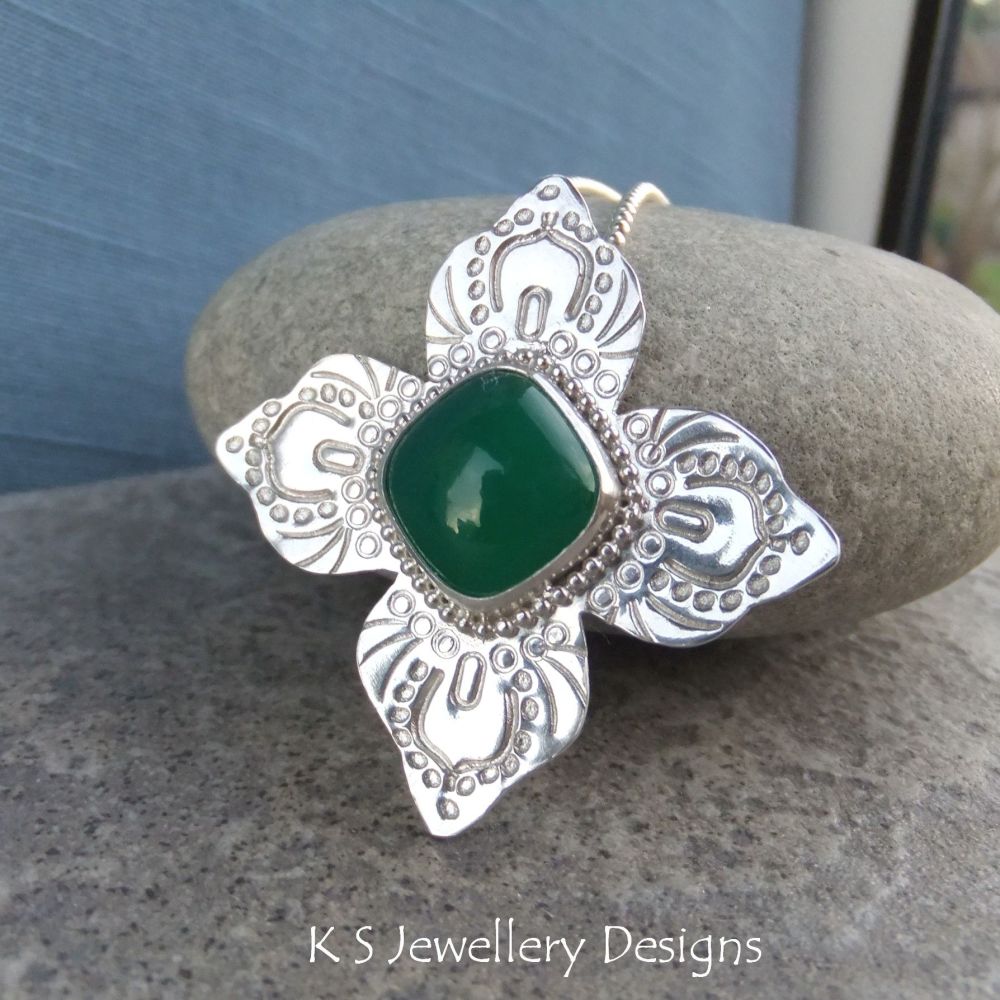 Green Chalcedony Sterling Silver Flower Pendant - Textured Flower