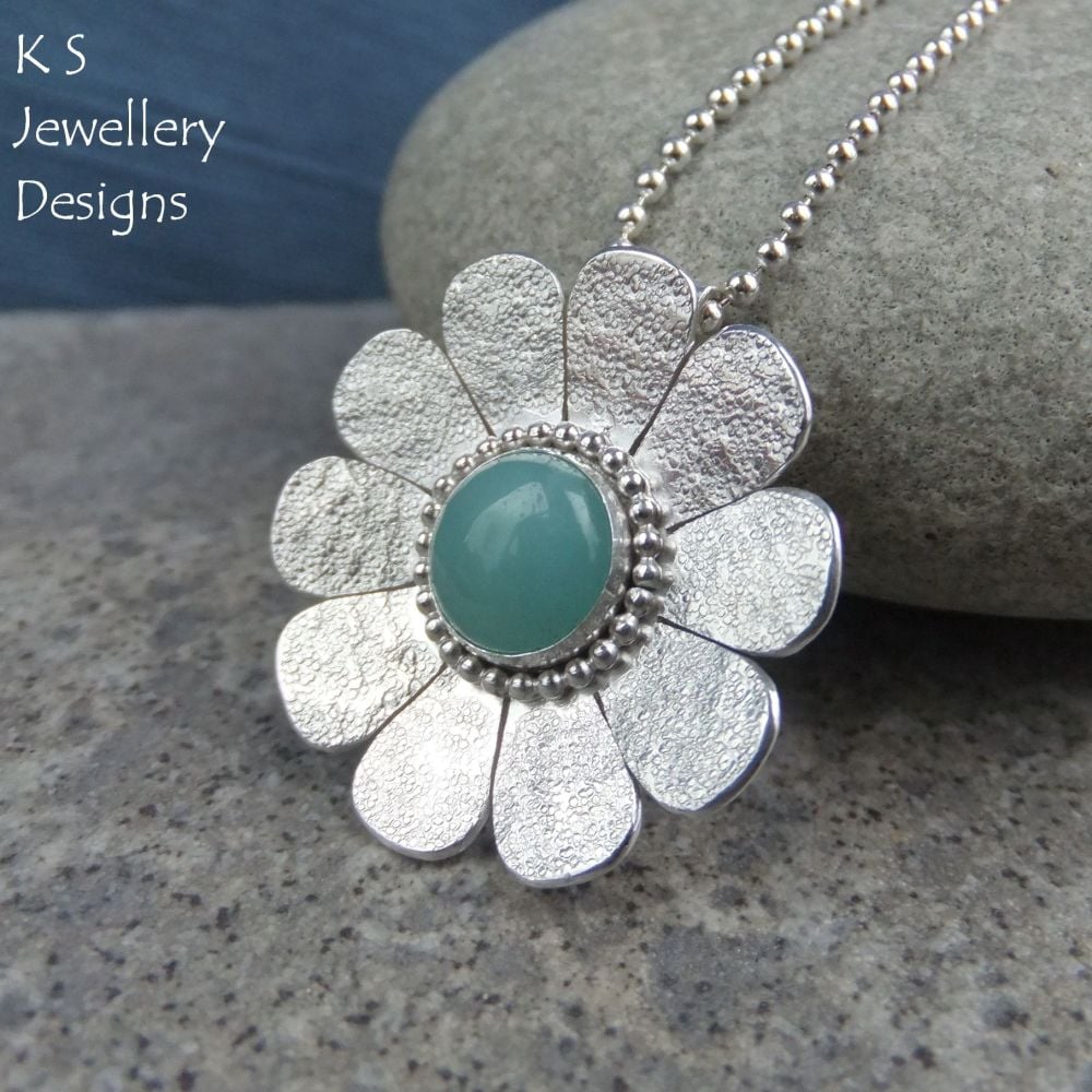 Amazonite Sterling Silver Daisy Pendant - Textured Flower