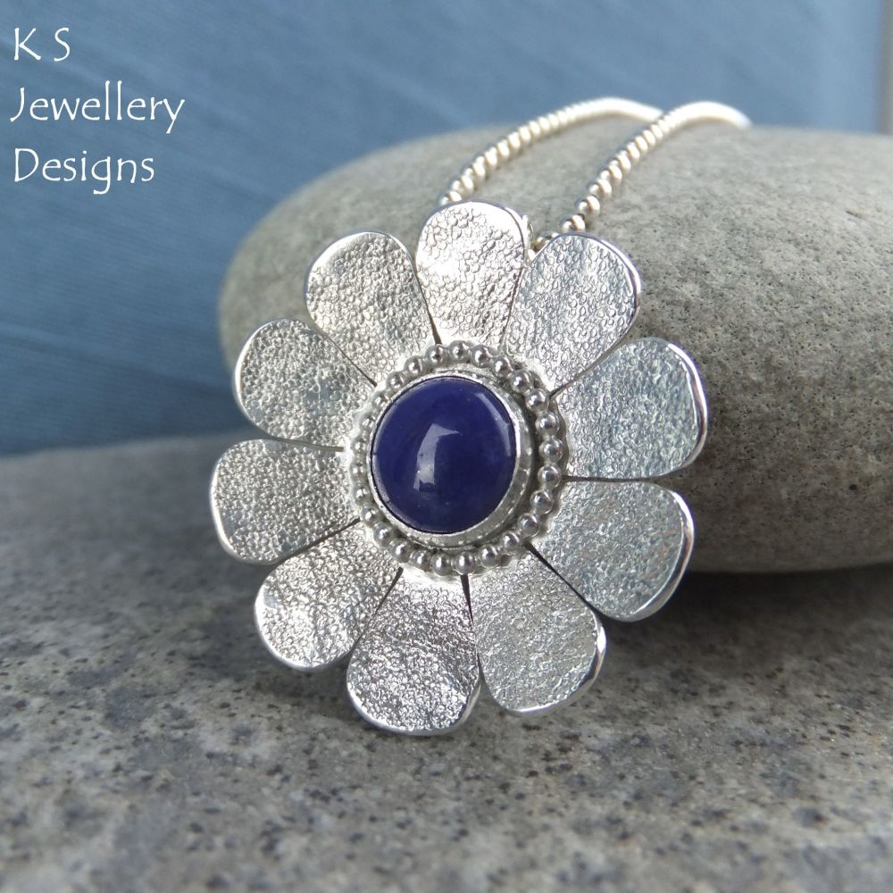Lapis Lazuli Sterling Silver Daisy Pendant - Textured Flower