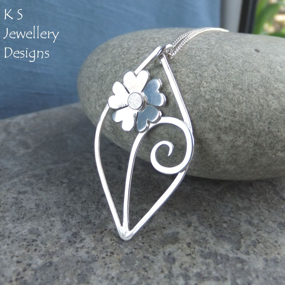 Heart Blossom Flower Swirl Leaf Sterling Silver Pendant
