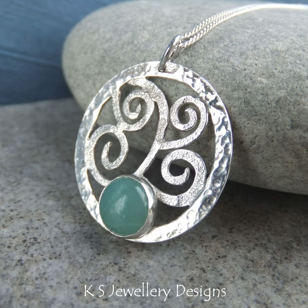 Amazonite Sterling Silver Textured Waves & Dappled Circle Pendant