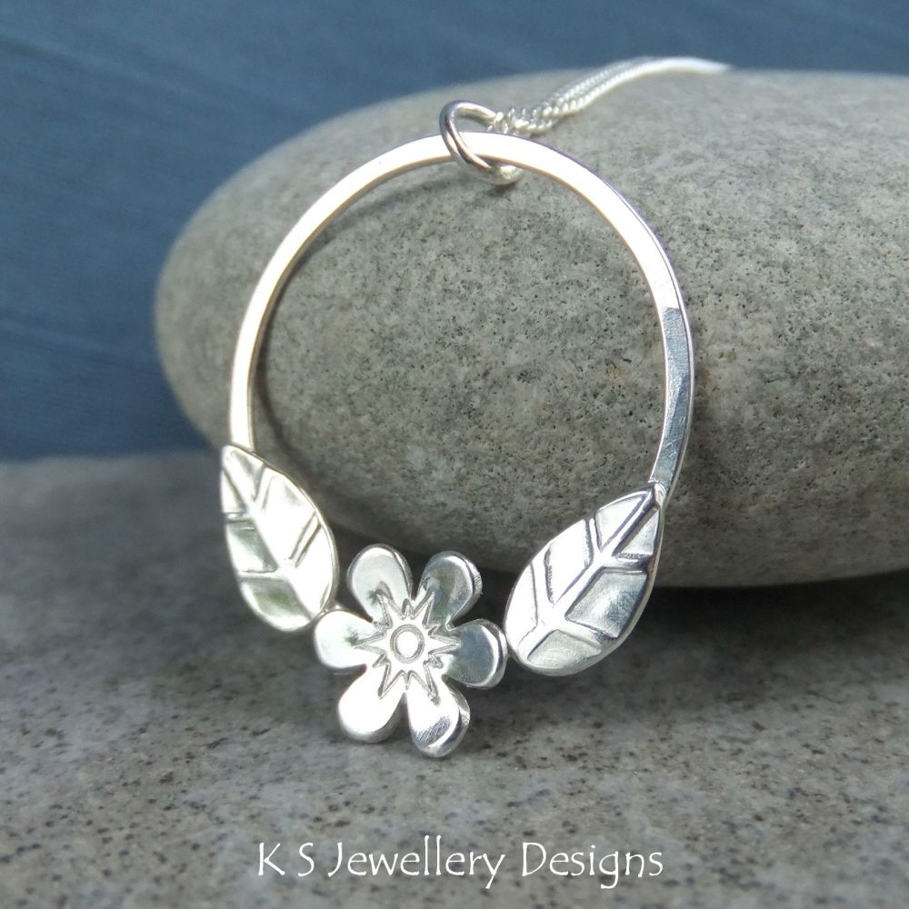 Flower and Leaves Circle Sterling Silver Pendant