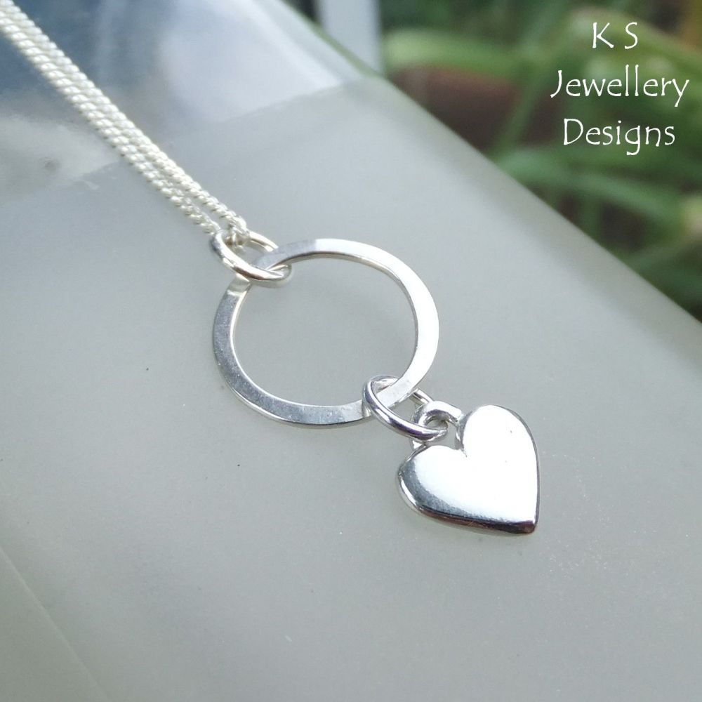 Little Heart Charm Circle Sterling Silver Pendant