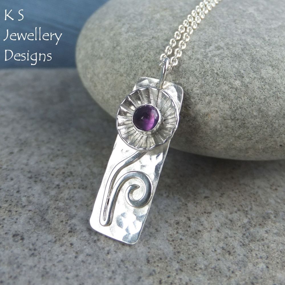 Amethyst Daisy Cup Sterling Silver Rectangular Pendant