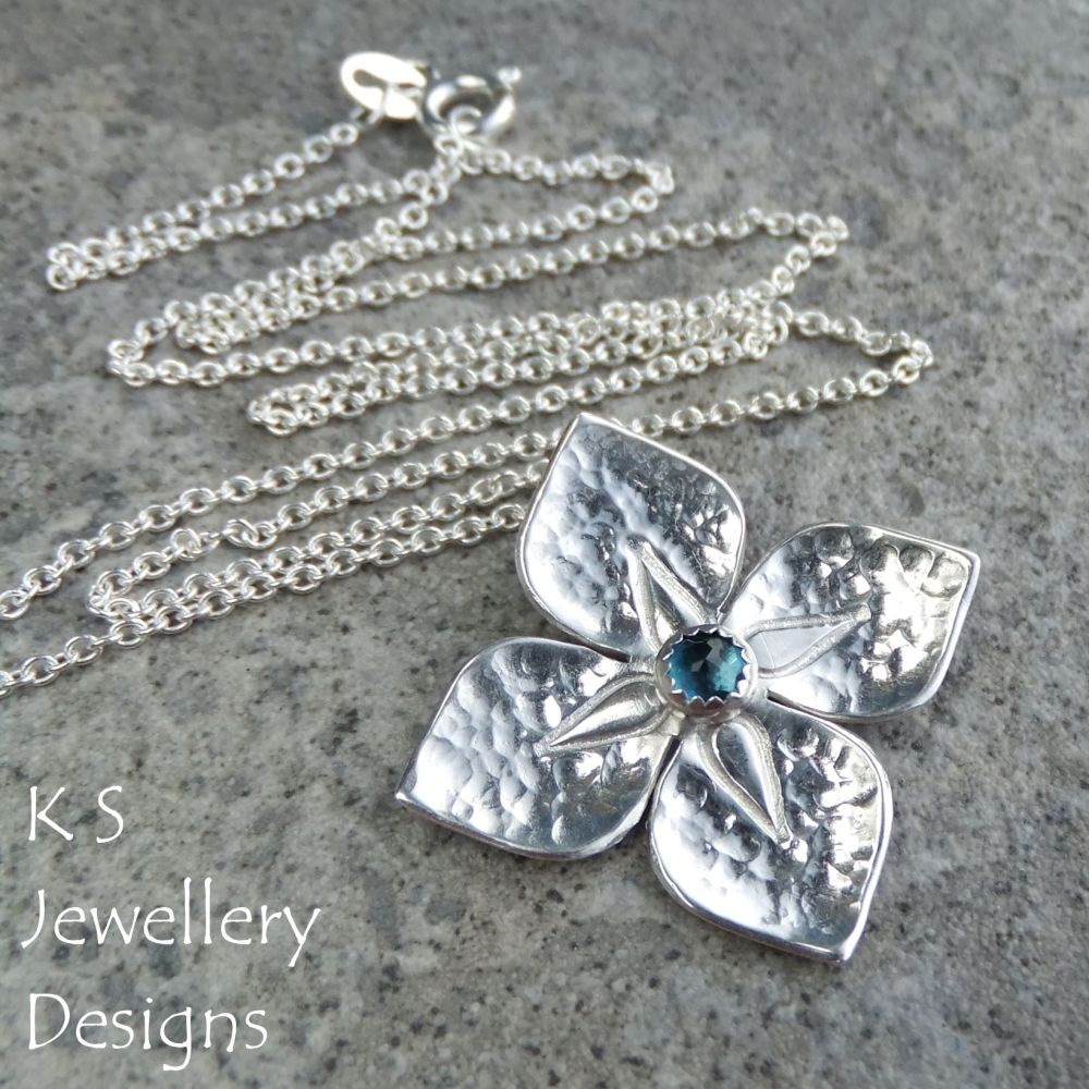 London Blue Topaz Dappled Flower Sterling Silver Pendant - Four Petals