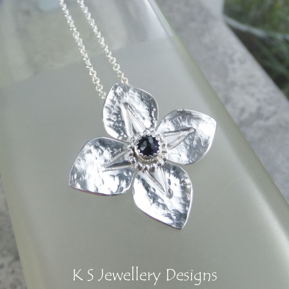 Iolite Dappled Flower Sterling Silver Pendant - Four Petals
