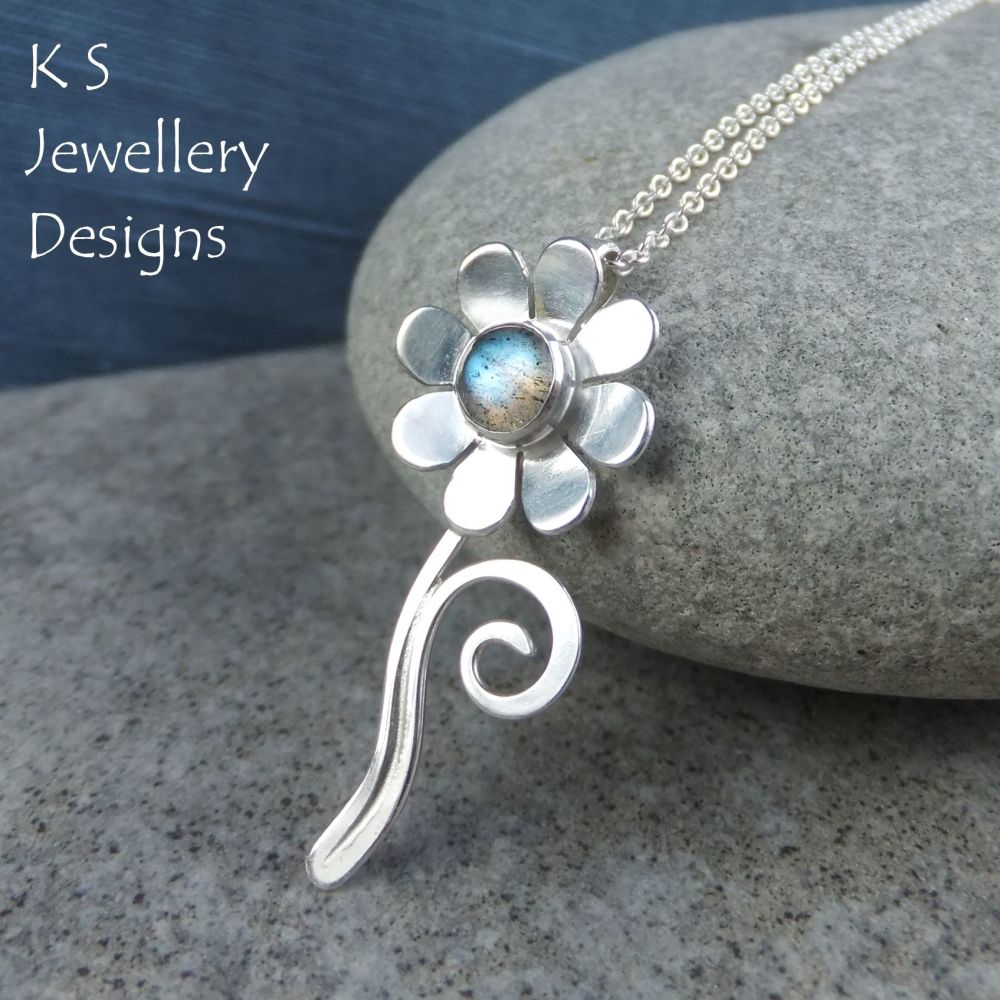 Labradorite Daisy Flower & Swirls Sterling Silver Pendant