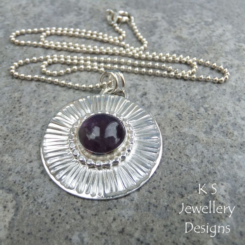 Amethyst Stripe Textured Sterling Silver Circle Pendant