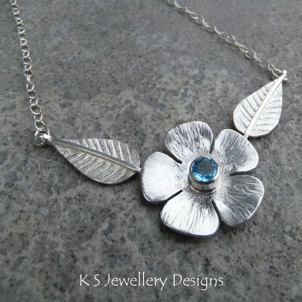 Blue Topaz Flower and Leaves Sterling Silver Necklace