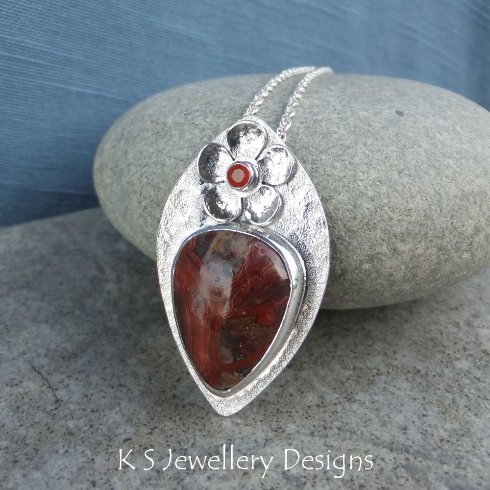 Crazy Lace Agate & Carnelian Flower Adorned Sterling Silver Textured Drop Pendant