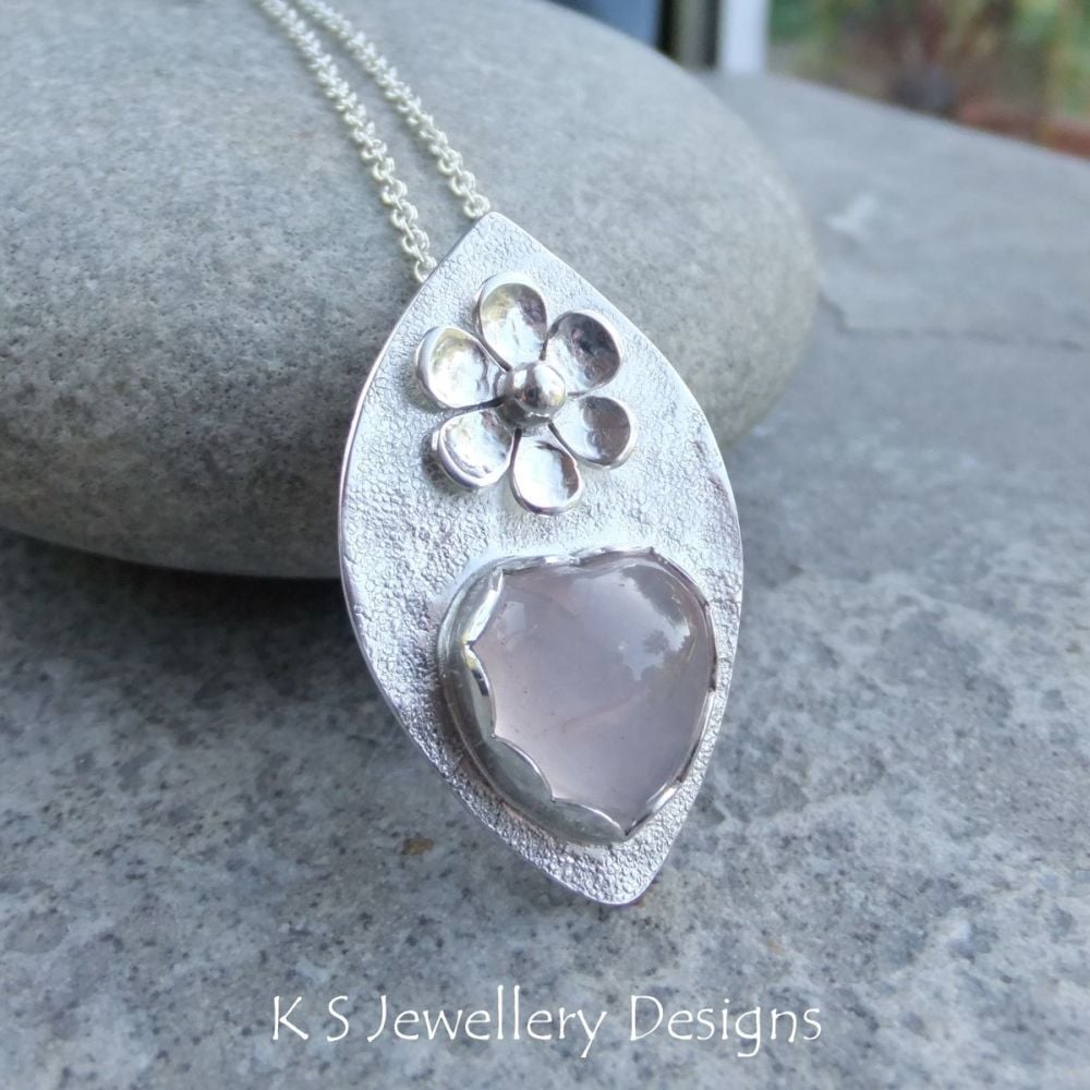 Rose Quartz Heart & Flower Adorned Sterling Silver Drop Pendant