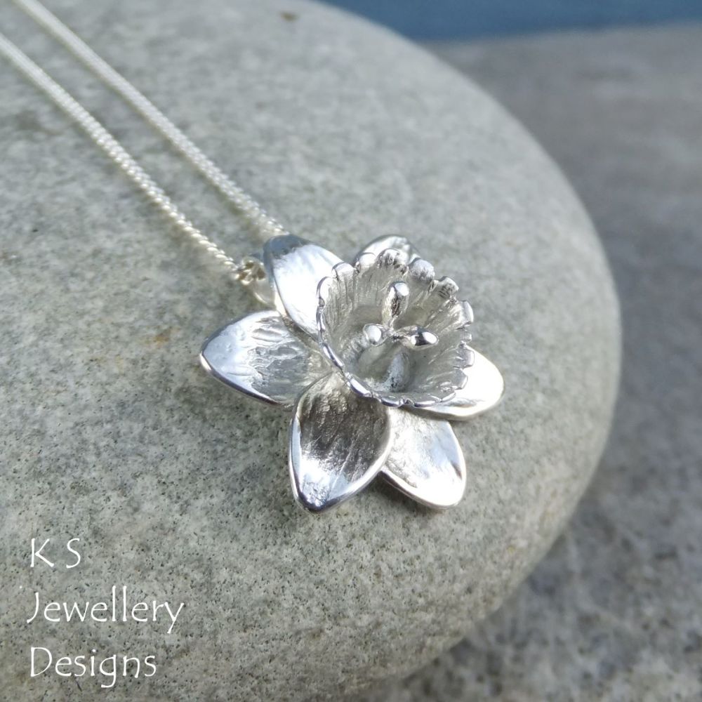Daffodil Sterling Silver Pendant - Handmade Shiny Flower Necklace