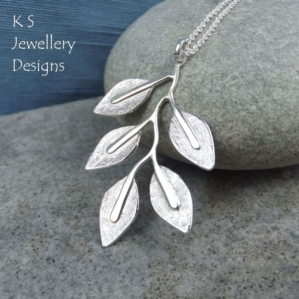 Textured Leaves - Sterling Silver Branch Pendant