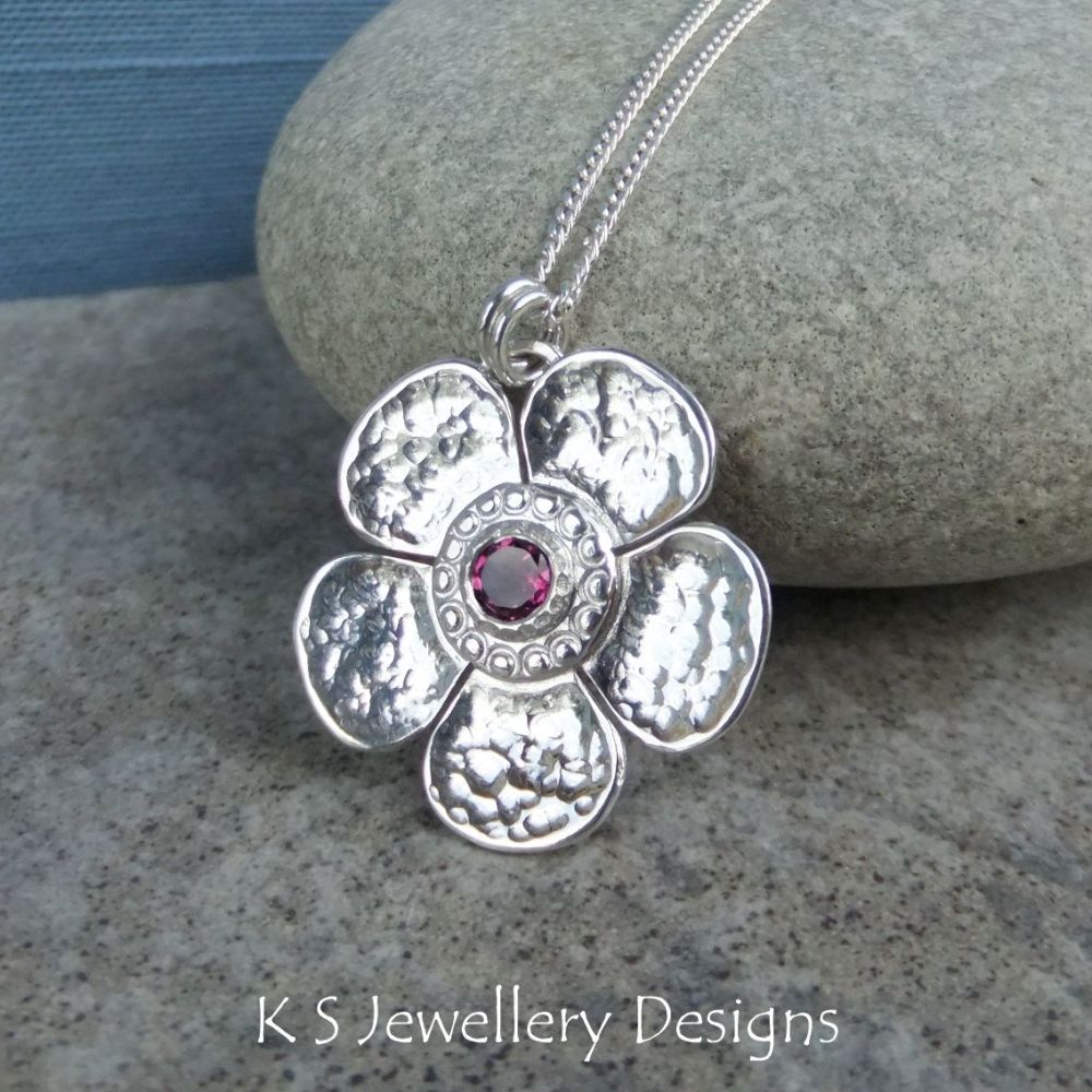 Rhodolite Garnet Dappled Flower Sterling Silver Pendant - Gemstone Five Petal Blossom
