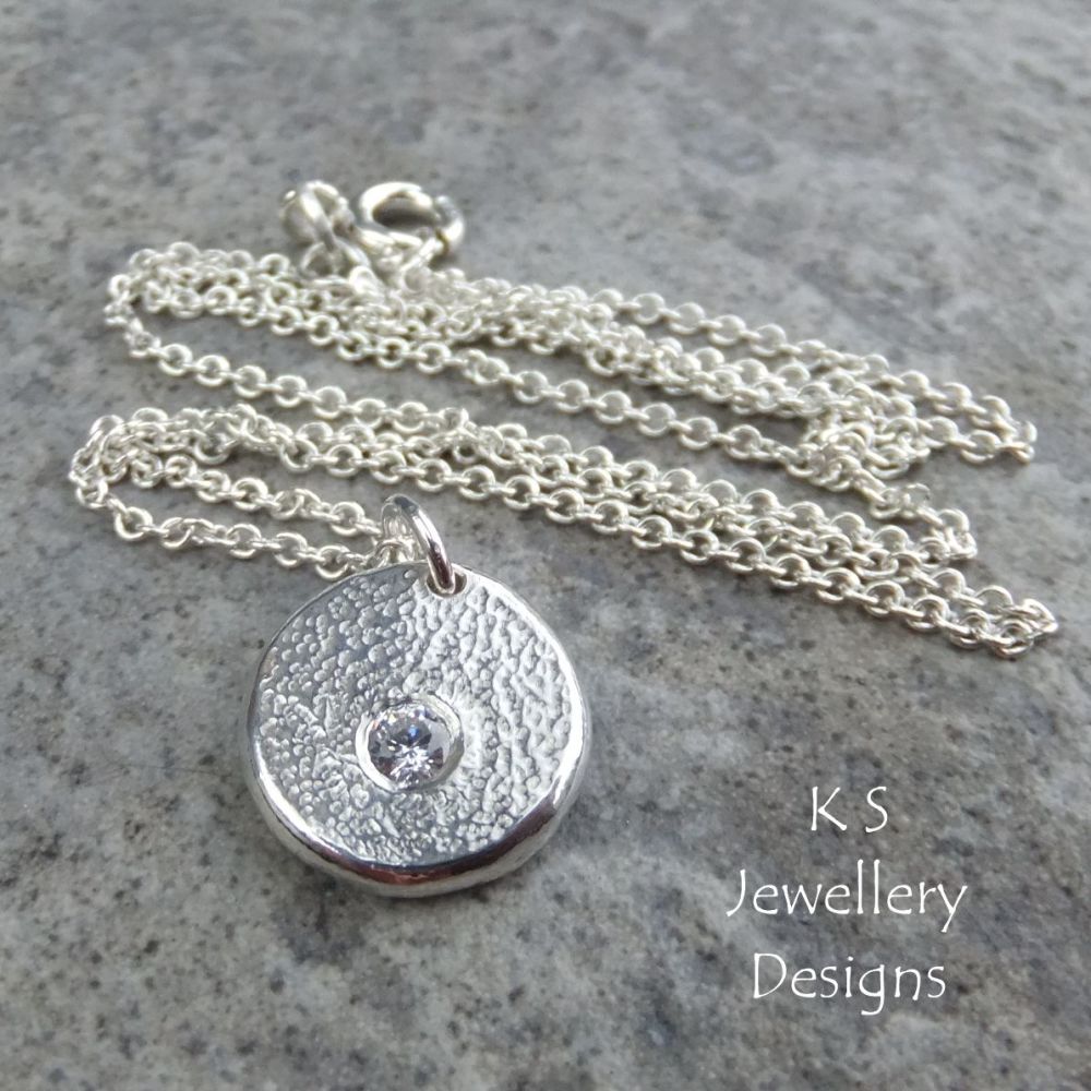 Cubic Zirconia Sterling Silver Pebble Pendant V1 - Rustic and Textured