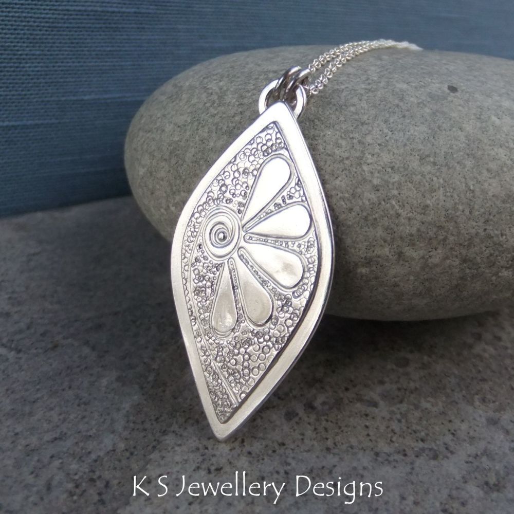 Doodle Flower Textured Drop Sterling Silver Pendant - DAISY v2