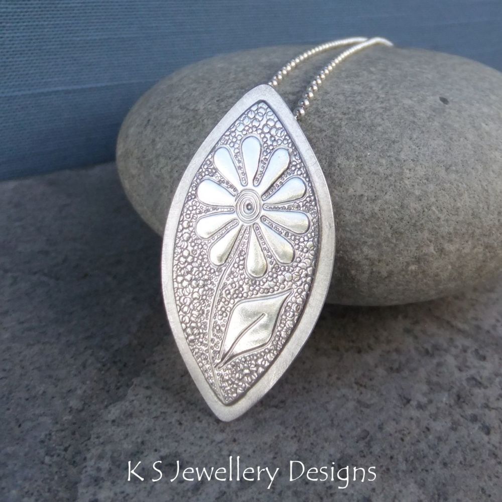 Doodle Flower Textured Drop Sterling Silver Pendant - DAISY v3