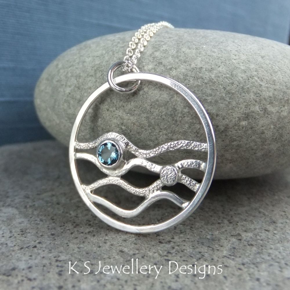 London Blue Topaz Rolling Waves Sterling Silver Circle Pendant - Organic and Textured