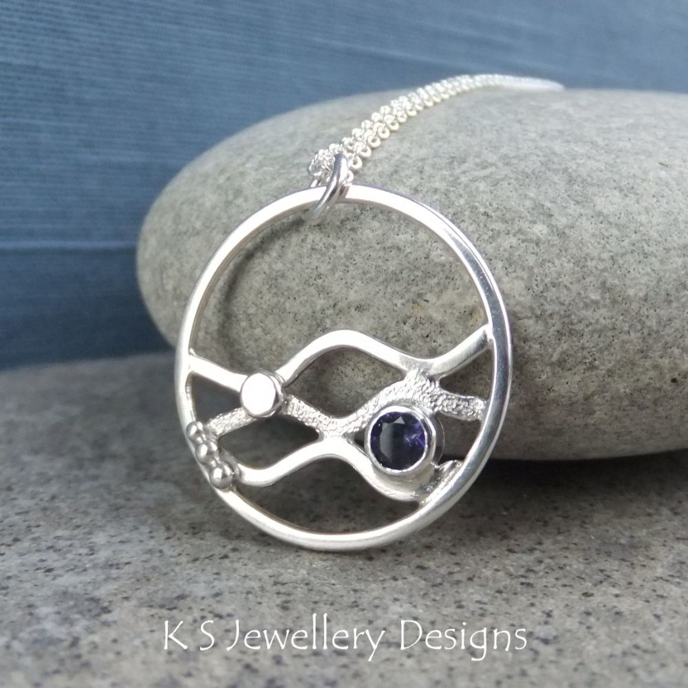 Iolite Rolling Waves Sterling Silver Circle Pendant - Organic and Textured