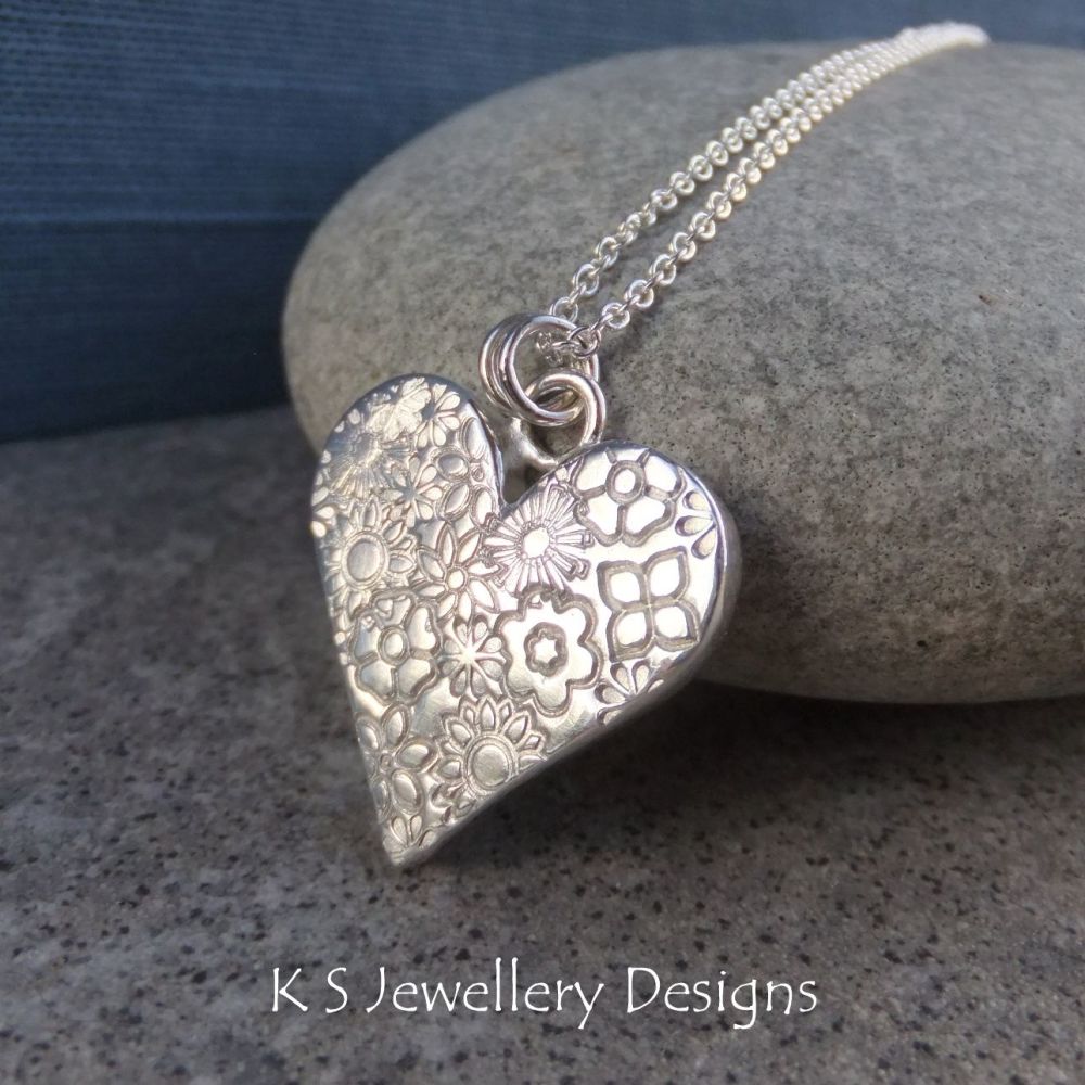 Heart and Flowers Textured Sterling Silver Pendant