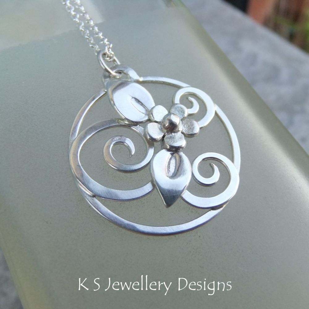 Flower Leaves and Swirls Sterling Silver Circle Pendant