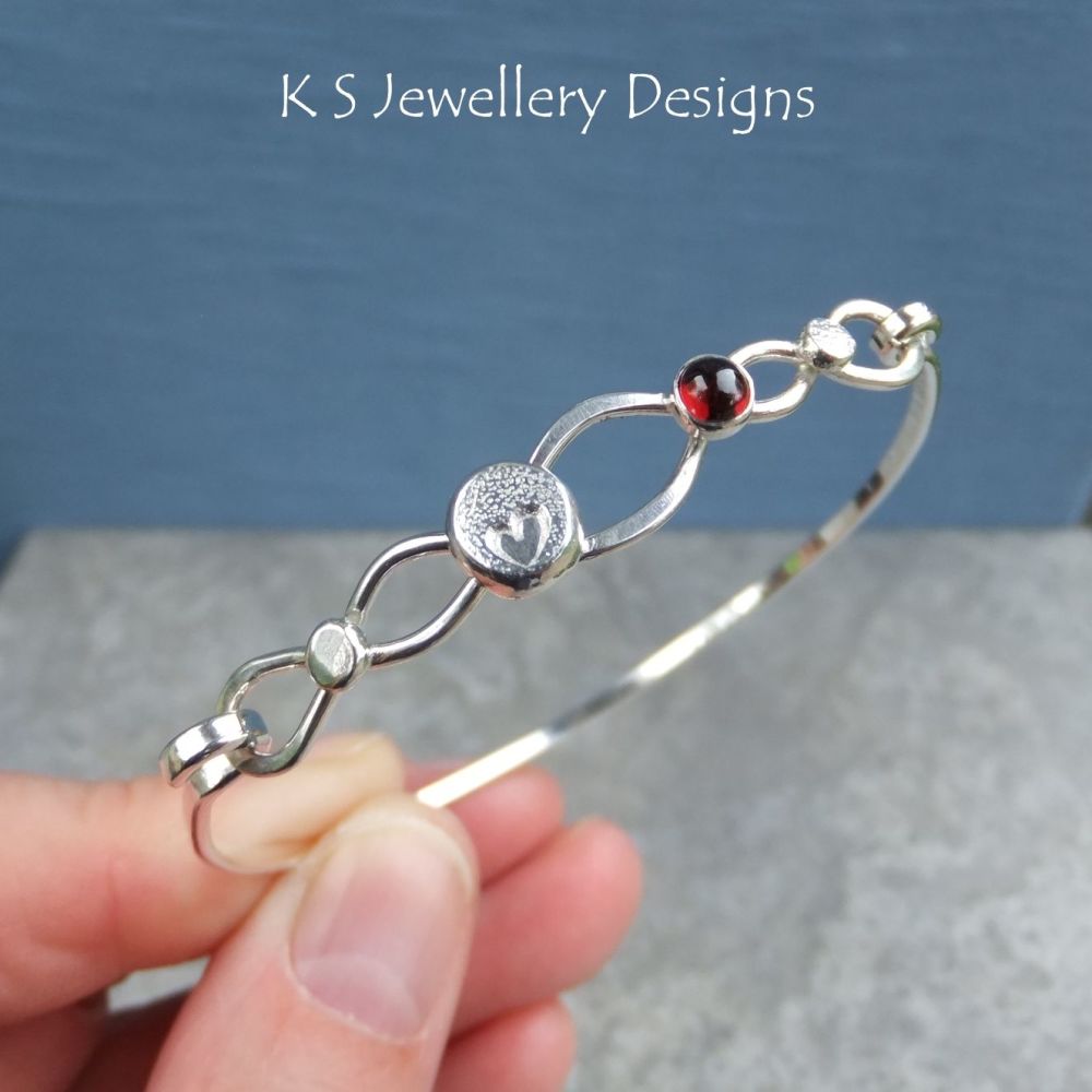 Garnet and Heart Pebble Sterling Silver Wire Bangle