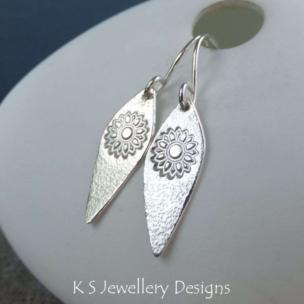 Textured Flower Drops - Sterling Silver Dangly Earrings
