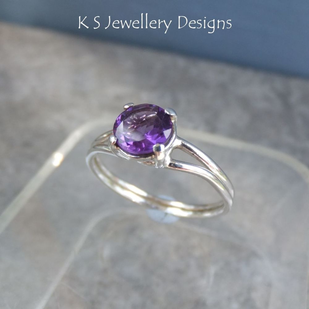 Sparkling Amethyst Sterling Silver Double Band Ring  - (UK size O 1/2 / US 