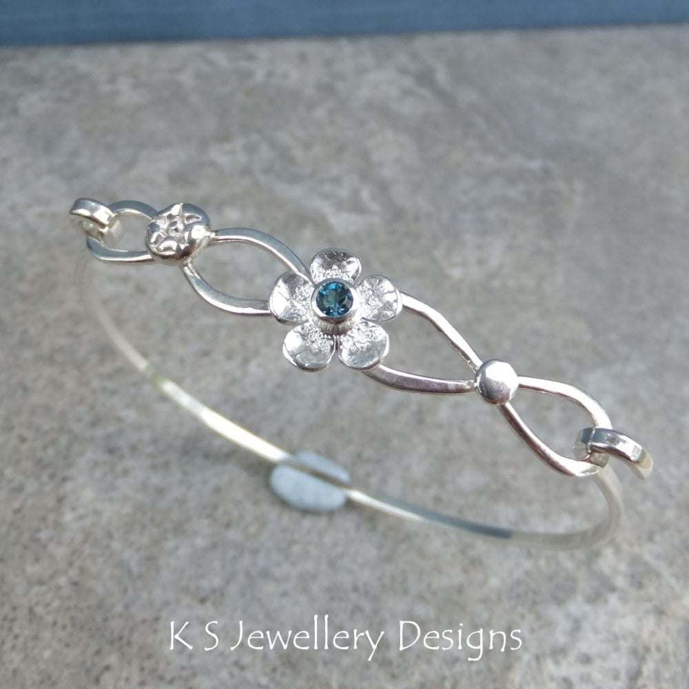 London Blue Topaz Flower & Pebble Sterling Silver Twisted Wire Bangle