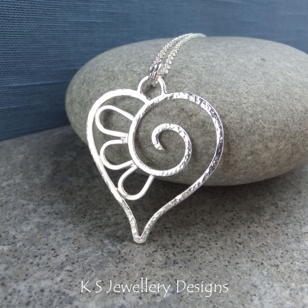 Swirl Petals Sterling Silver Wire Heart Pendant
