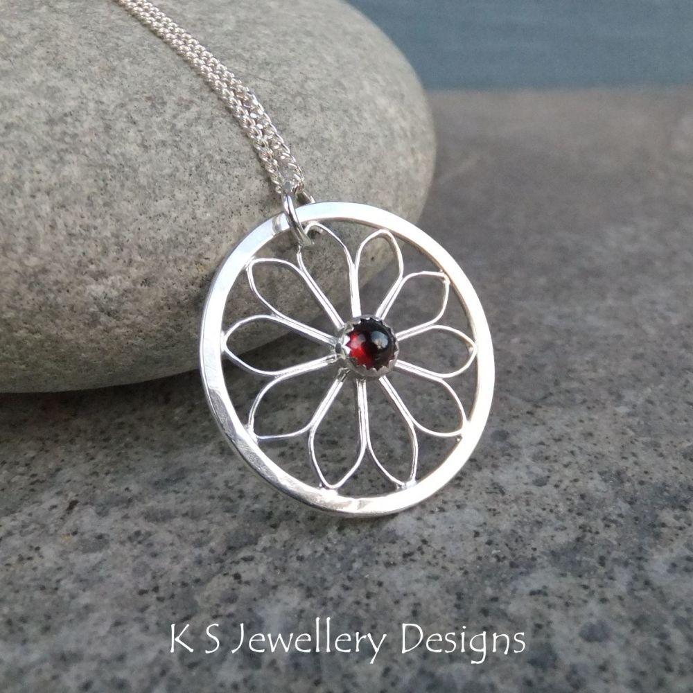 Garnet Flower Circle Sterling Silver Pendant