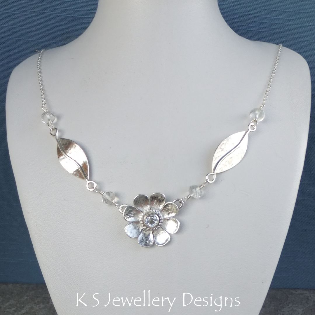 White Topaz Daisy Flower and Leaves Sterling Silver Necklace