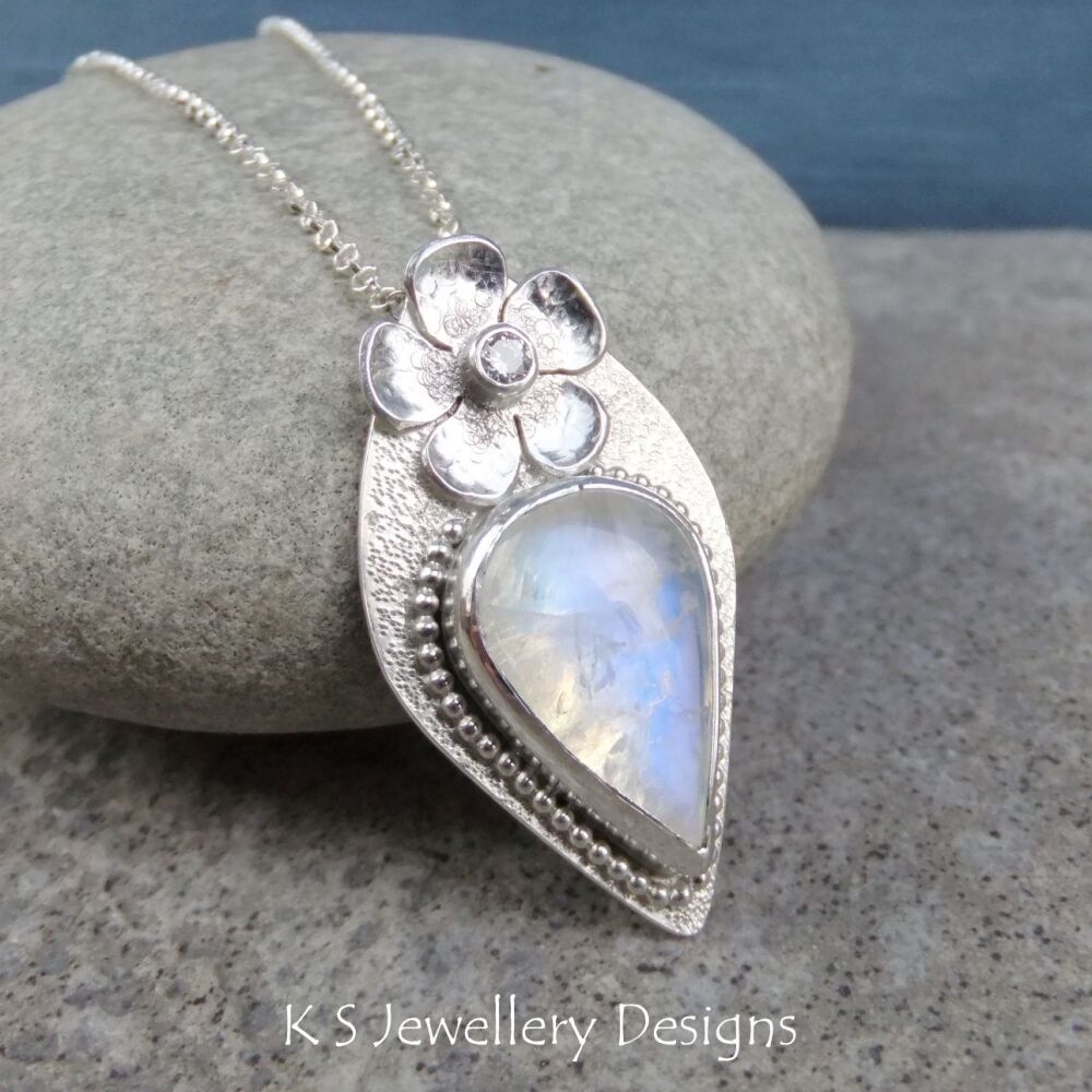 Rainbow Moonstone and CZ Flower Sterling Silver Drop Pendant