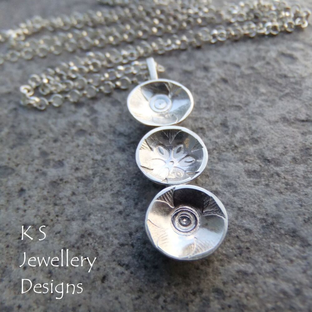 Textured Flowers Discs Trio Sterling Silver Pendant - Rustic & Organic