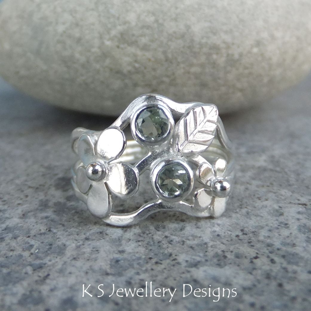 Green Amethyst Flowers and Leaf Sterling Silver Ring - Floral Garden (UK size T/ US size 9.75)