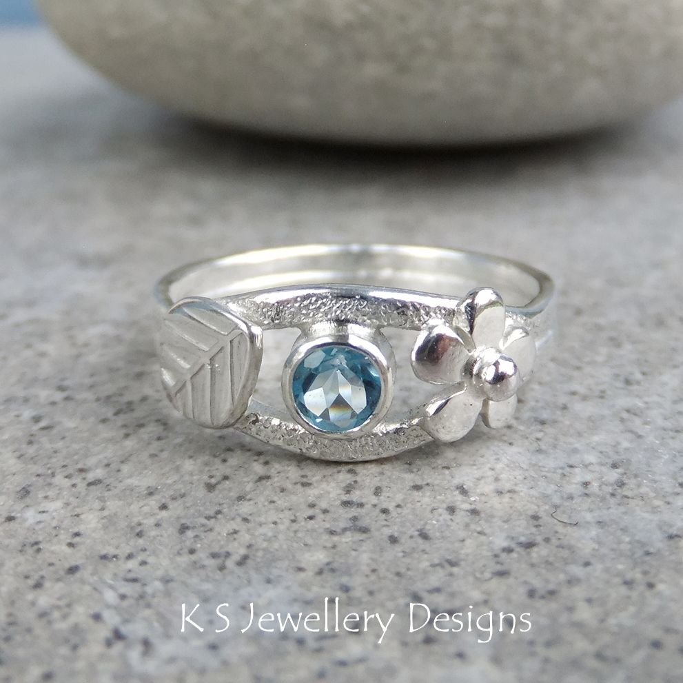 Swiss Blue Topaz Flower and Leaf Sterling Silver & Fine Silver Ring - Flora
