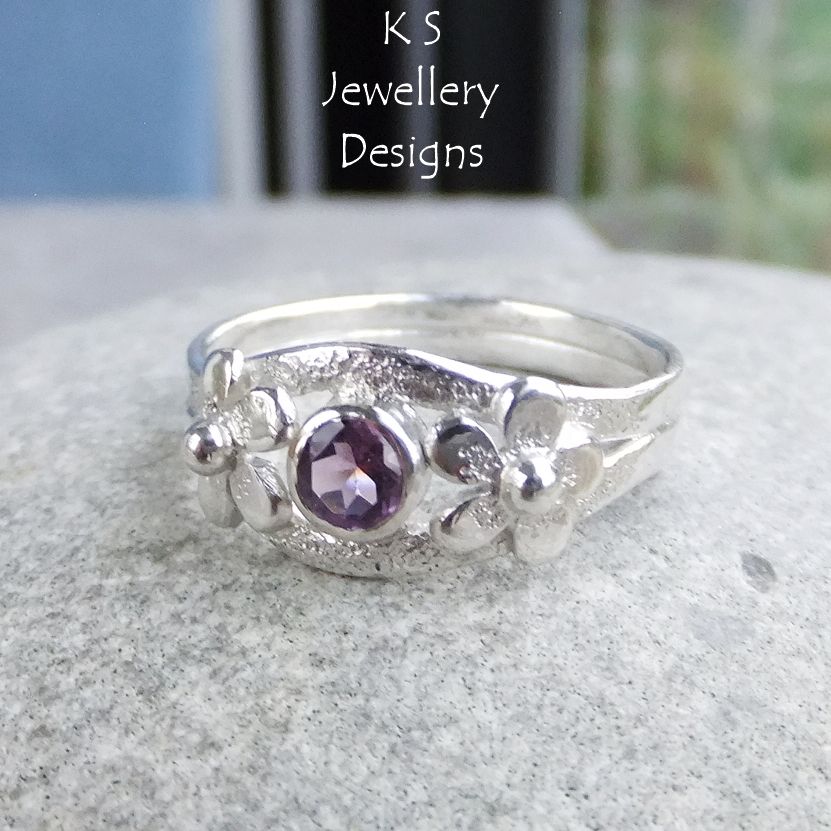 Amethyst Double Flower Sterling Silver & Fine Silver Ring - Flowers Floral Garden (UK size P / US size 7.75)